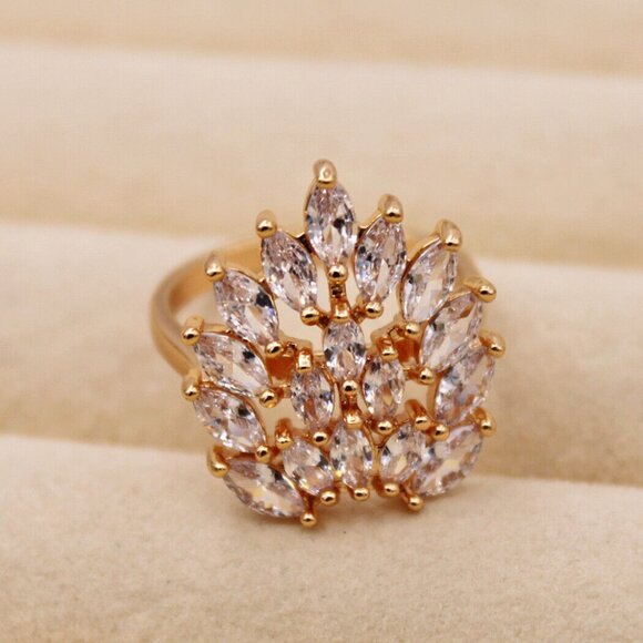 18K Yellow Gold Filled Multi Layer Flower Leaf Diamond Zircon Ring Gorgeous Gift - Picture 2 of 7